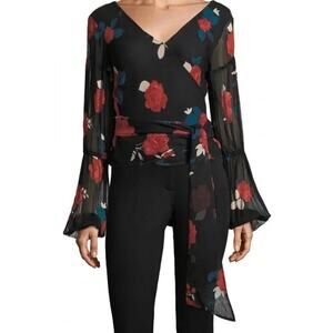 Club Monaco Top Womens XS Black Darlana Floral Silk Wrap Bell Sleeve Semi Sheer